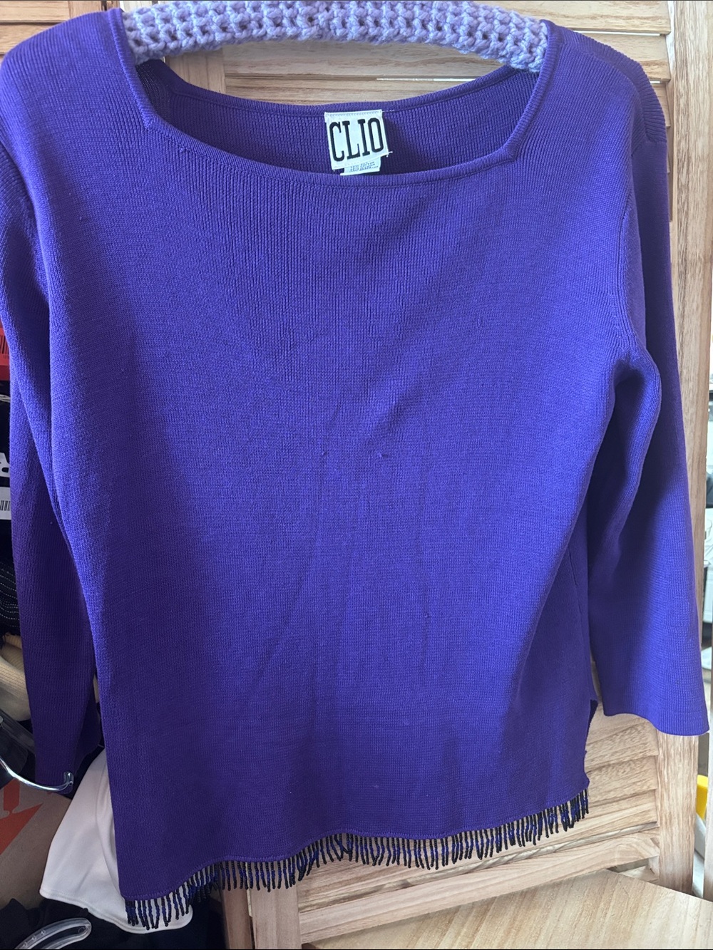 Clio Purple Scoop Neck Sweater with Beaded Fringe Hem Medium